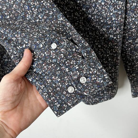 H&M Women's Button Up Shirt M Blue Floral Print Easy Iron Slim Fit Long Sleeve - Picture 5 of 8